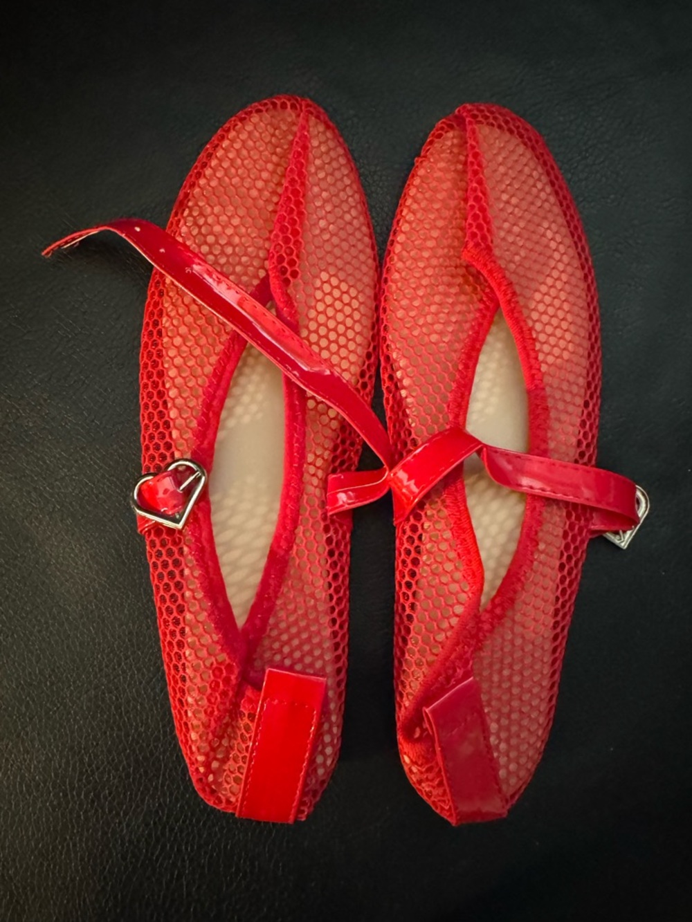 Red Mesh Mary Jane Flats with Heart Buckle